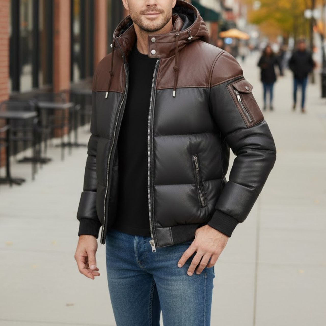 Men’s Two Tone Bubble Quilted Winter Puffer Hooded Bomber Jacket