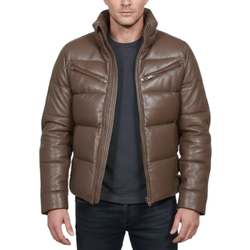 Men’s Brown Faux Leather Quilted Winter Puffer Bomber Jacket