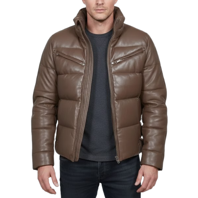 Men’s Brown Faux Leather Quilted Winter Puffer Bomber Jacket