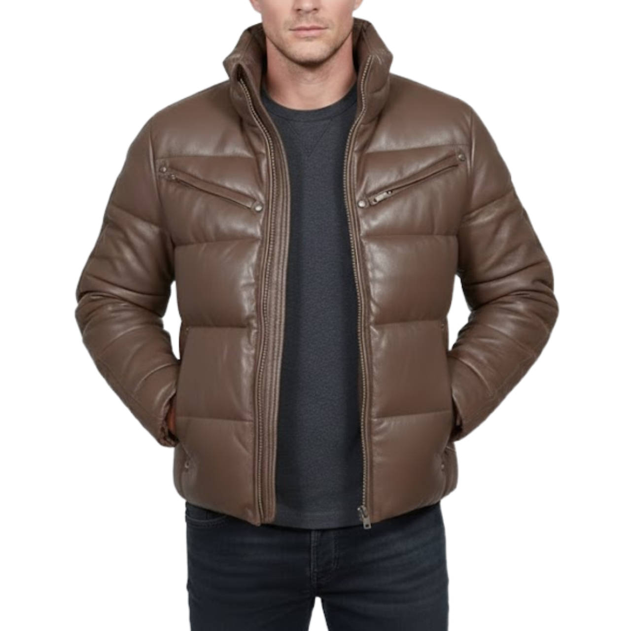 Men’s Brown Faux Leather Quilted Winter Puffer Bomber Jacket