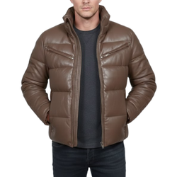 Men’s Brown Faux Leather Quilted Winter Puffer Bomber Jacket