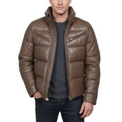 Men’s Brown Faux Leather Quilted Winter Puffer Bomber Jacket