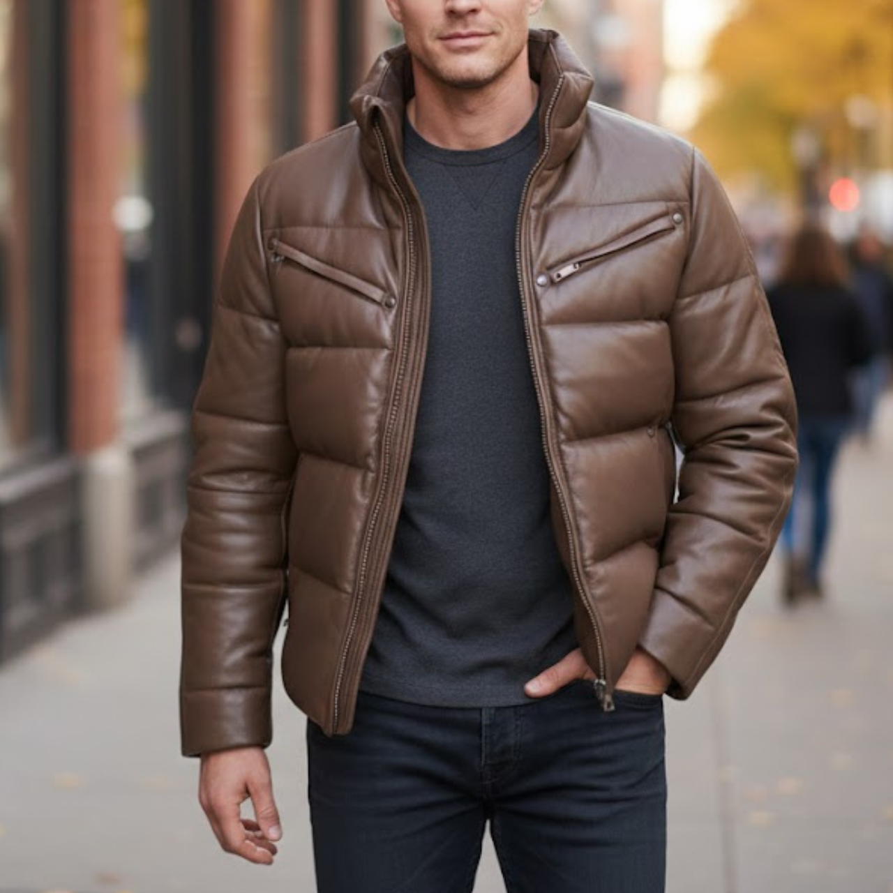 Men’s Brown Faux Leather Quilted Winter Puffer Bomber Jacket