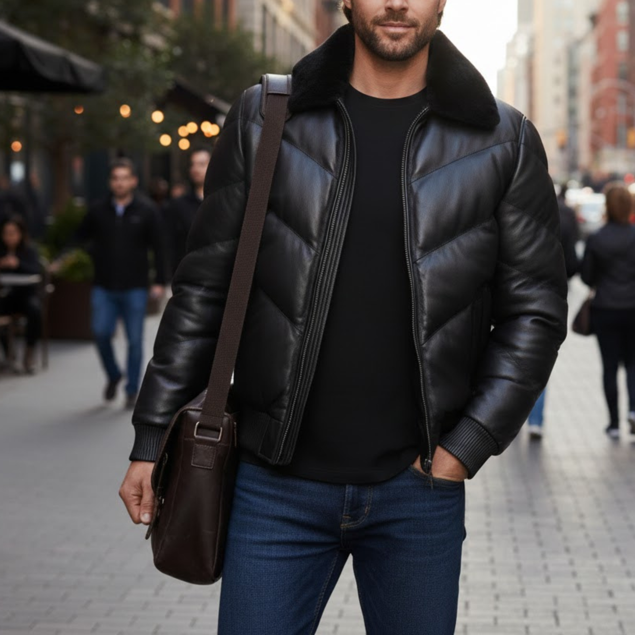 Men's Black Vintage Leather Puffer Bomber Fur Collar Winter Jacket