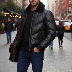 Men's Black Vintage Leather Puffer Bomber Fur Collar Winter Jacket