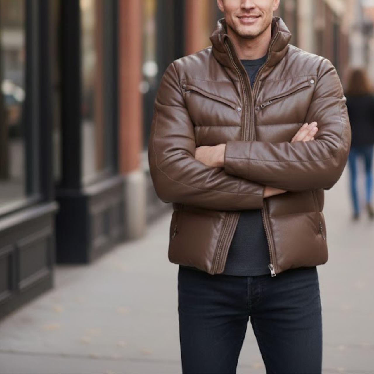 Men’s Brown Faux Leather Quilted Winter Puffer Bomber Jacket