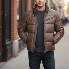 Men’s Brown Faux Leather Quilted Winter Puffer Bomber Jacket