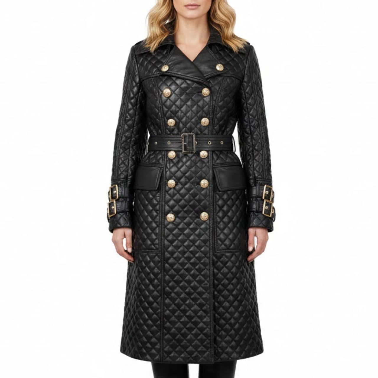 Women's Black Leather Quilted Double-Breasted Diamond Style Long Trench Coat
