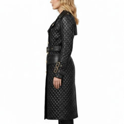 Women's Black Leather Quilted Double-Breasted Diamond Style Long Trench Coat