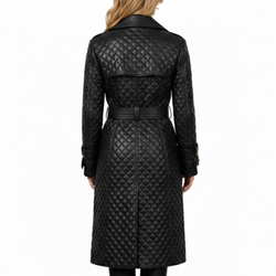 Women's Black Leather Quilted Double-Breasted Diamond Style Long Trench Coat