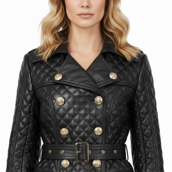 Women's Black Leather Quilted Double-Breasted Diamond Style Long Trench Coat