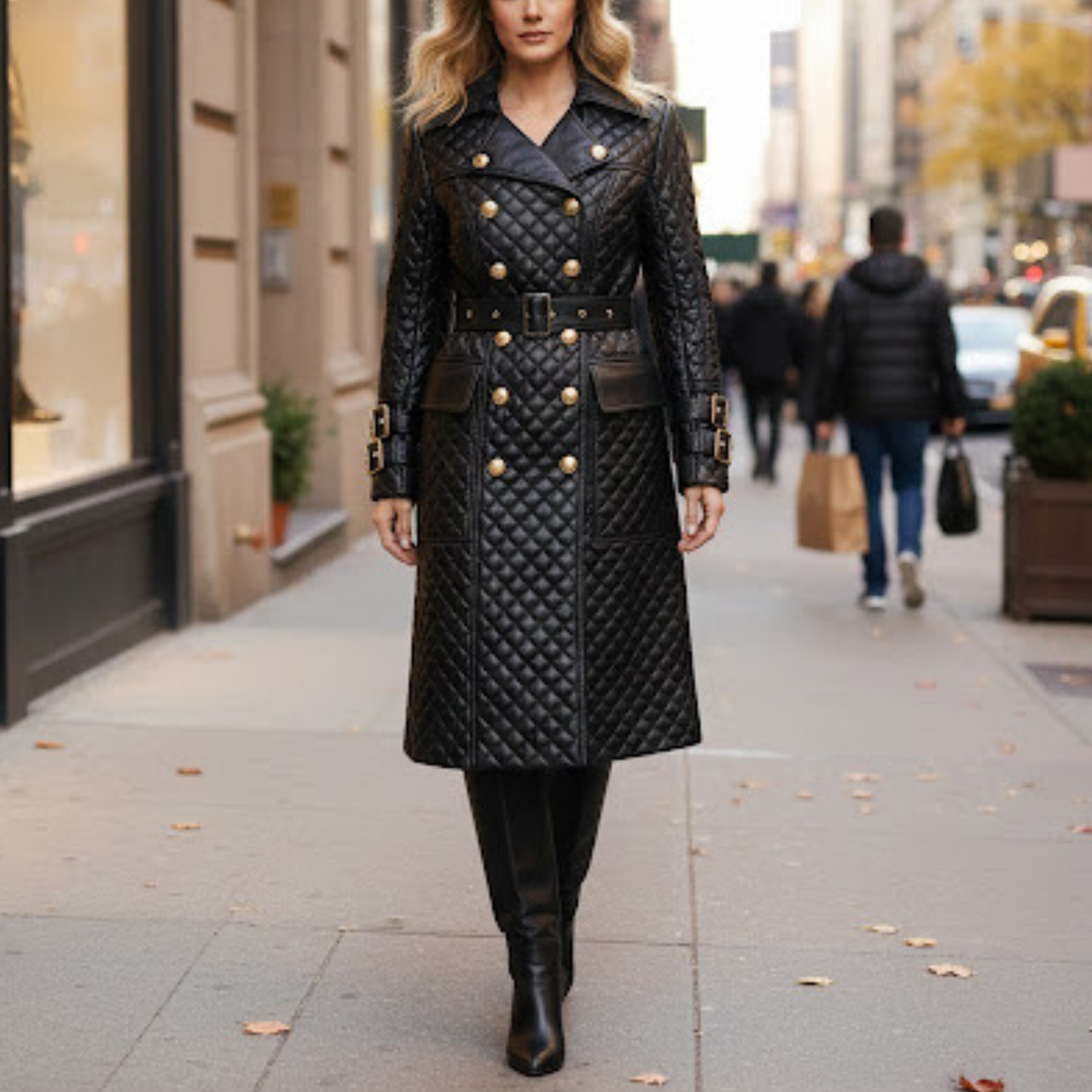 Women's Black Leather Quilted Double-Breasted Diamond Style Long Trench Coat