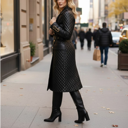 Women's Black Leather Quilted Double-Breasted Diamond Style Long Trench Coat