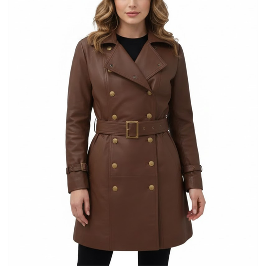 Women's Brown Leather Double-Breasted Style Fashion Overcoat