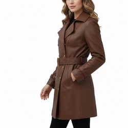 Women's Brown Leather Double-Breasted Style Fashion Overcoat