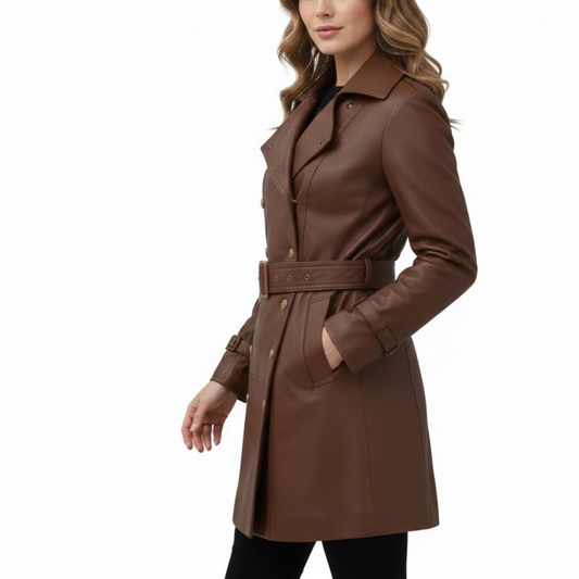 Women's Brown Leather Double-Breasted Style Fashion Overcoat