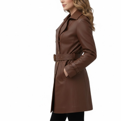 Women's Brown Leather Double-Breasted Style Fashion Overcoat