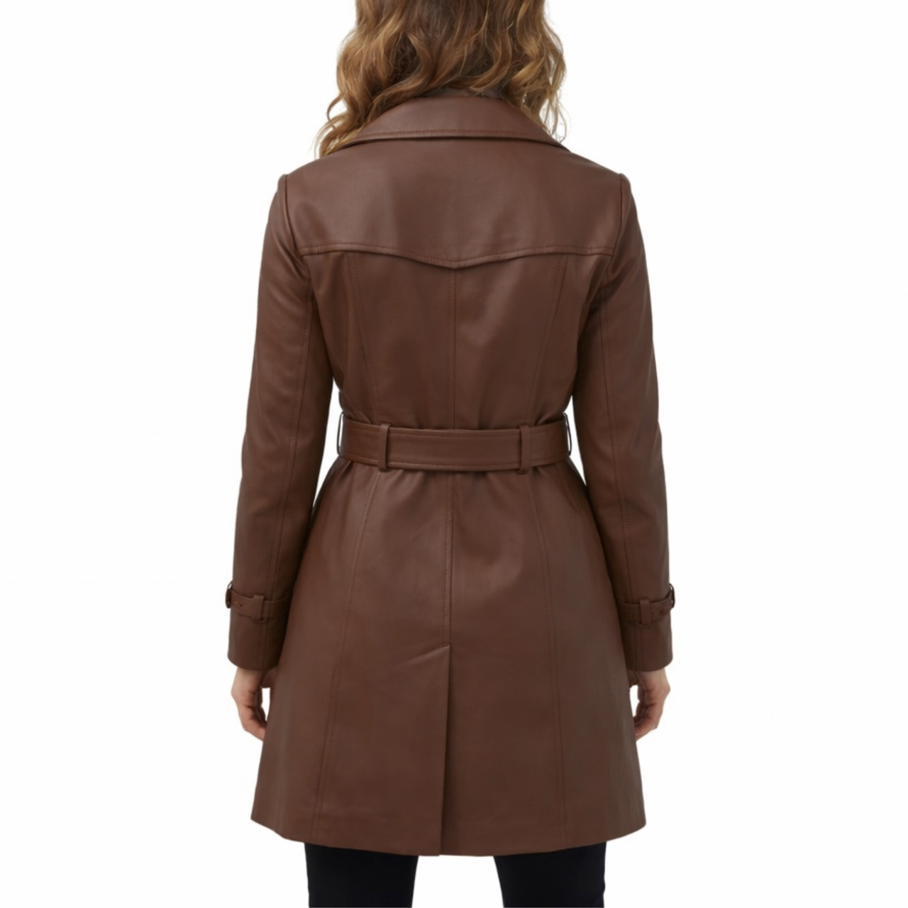 Women's Brown Leather Double-Breasted Style Fashion Overcoat