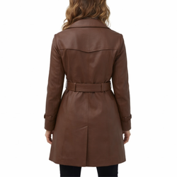 Women's Brown Leather Double-Breasted Style Fashion Overcoat