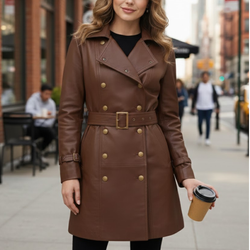 Women's Brown Leather Double-Breasted Style Fashion Overcoat