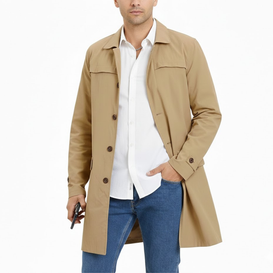 Men's Single-Breasted Style Khaki Cotton Lightweight Overcoat