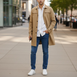 Men's Single-Breasted Style Khaki Cotton Lightweight Overcoat