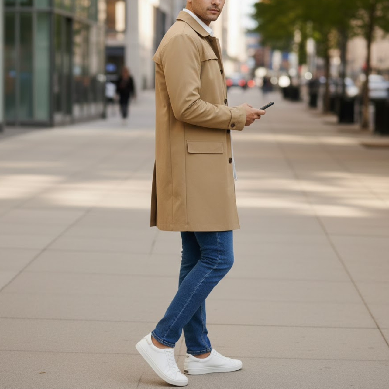 Men's Single-Breasted Style Khaki Cotton Lightweight Overcoat