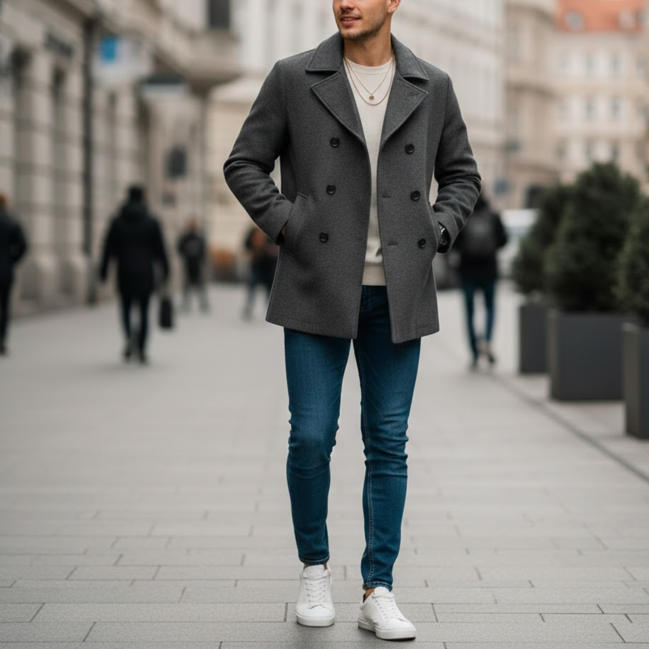 Men's Grey Wool Double-Breasted Business Blazer Coat