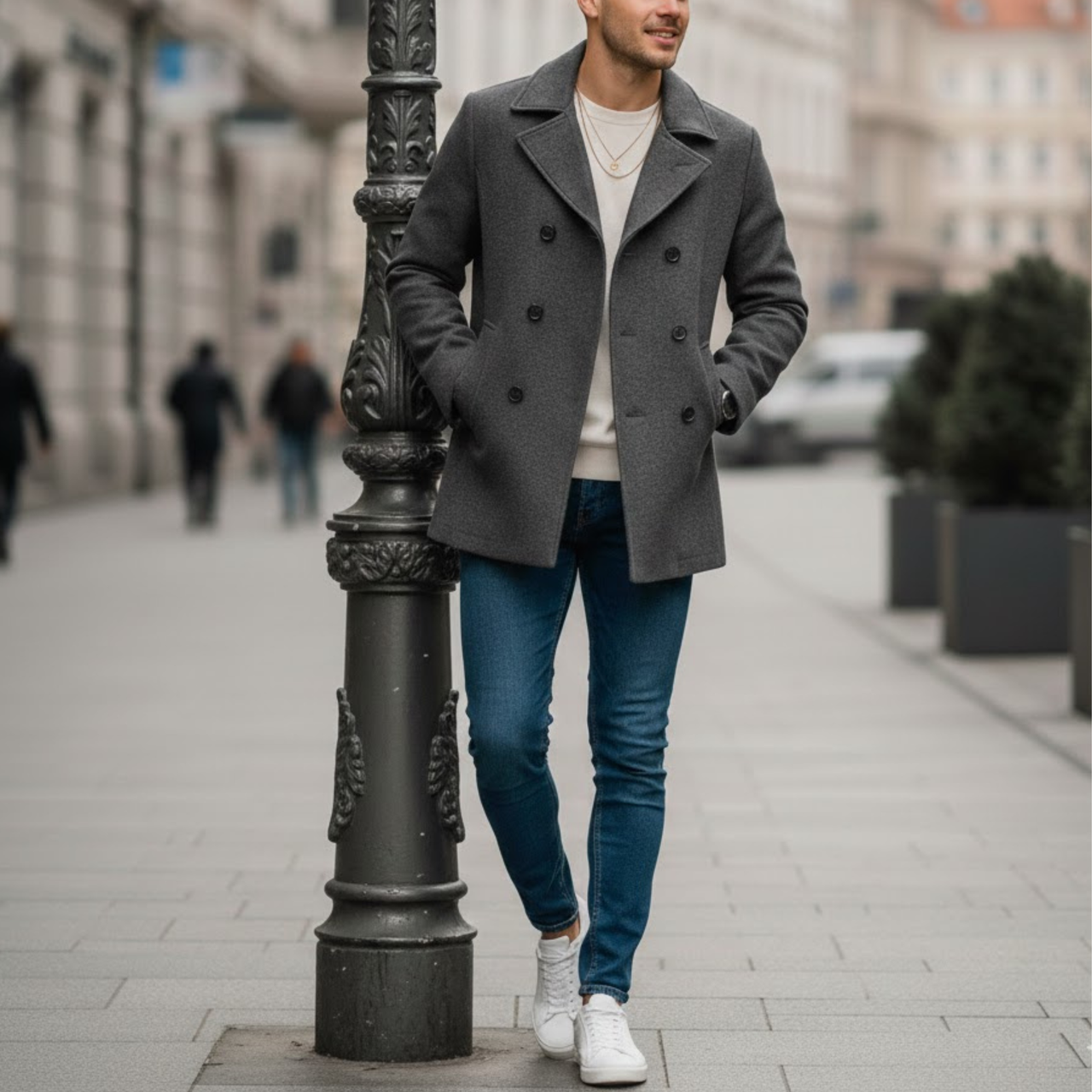 Men's Grey Wool Double-Breasted Business Blazer Coat