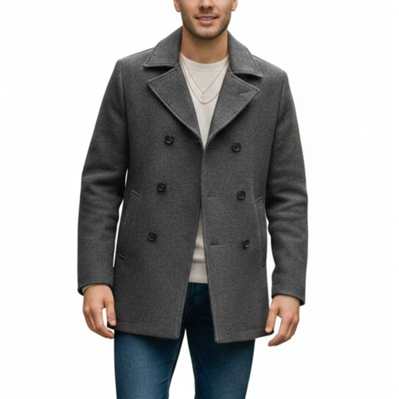 Men's Grey Wool Double-Breasted Business Blazer Coat