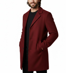 Men's Red Wool Single-Breasted Slim Fit Overcoat