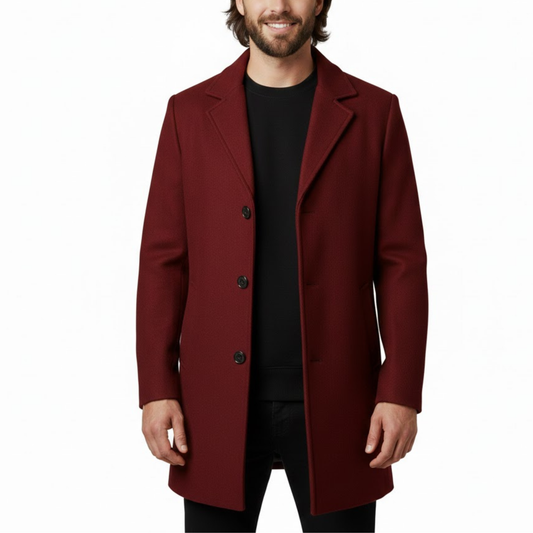 Men's Red Wool Single-Breasted Slim Fit Overcoat
