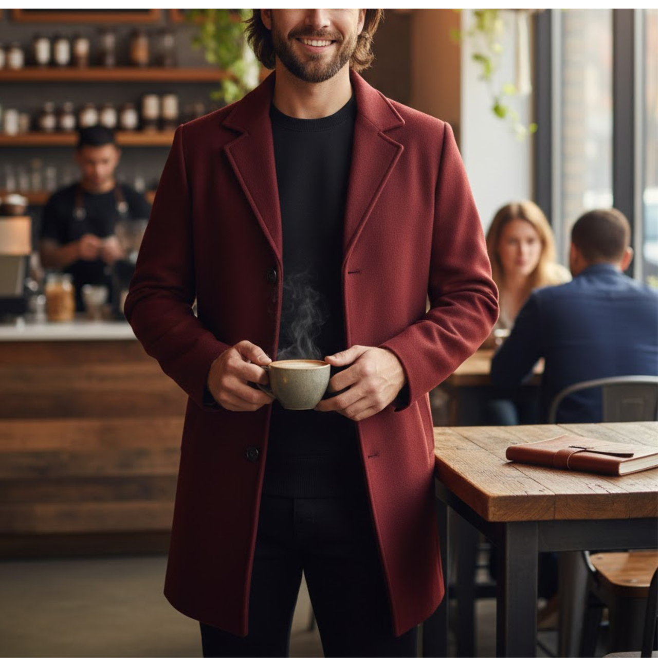 Men's Red Wool Single-Breasted Slim Fit Overcoat