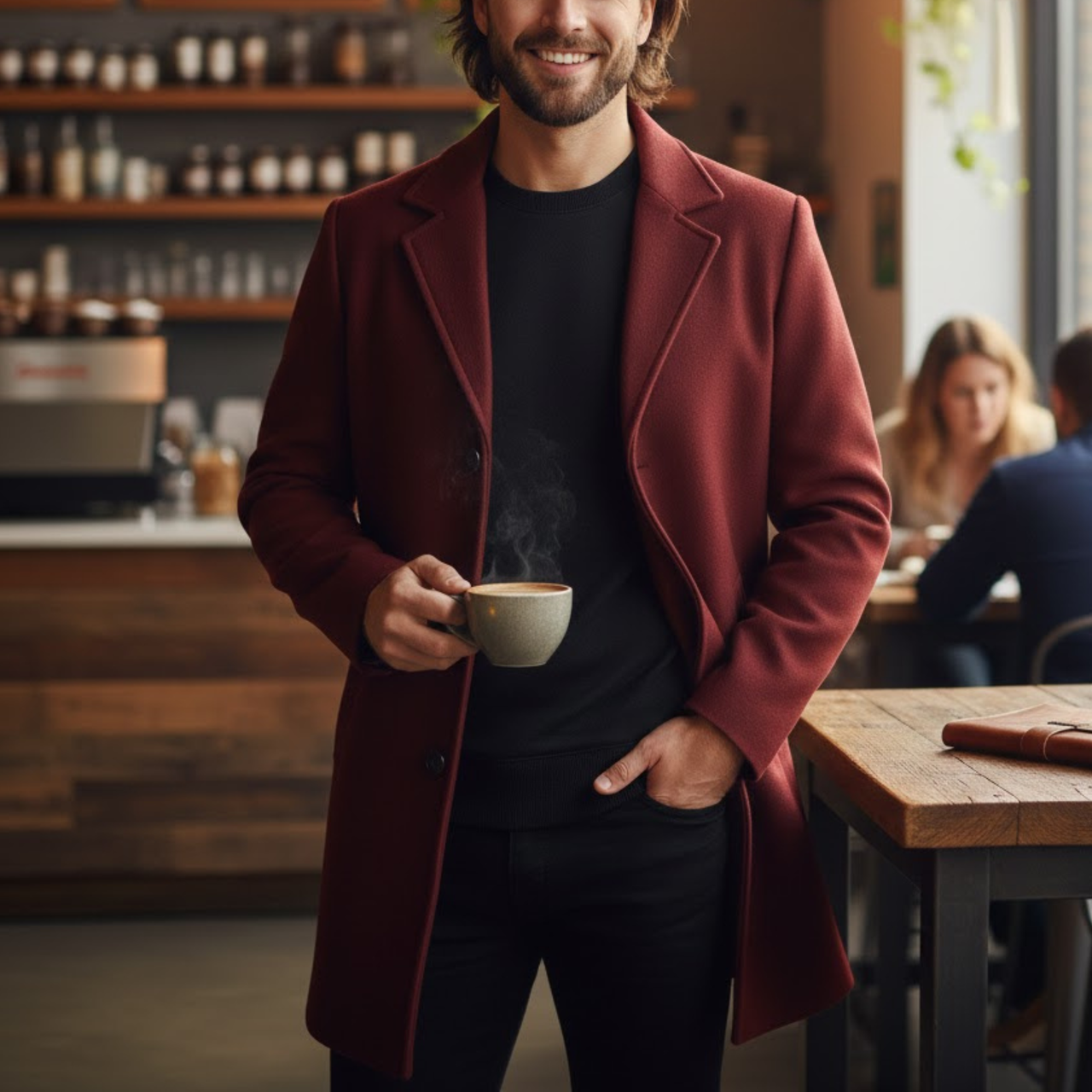 Men's Red Wool Single-Breasted Slim Fit Overcoat