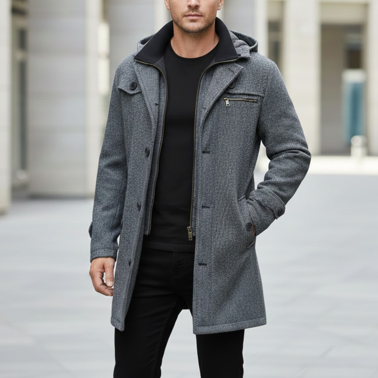 Men's Grey Wool Single-Breasted Hooded Business Winter Peacoat