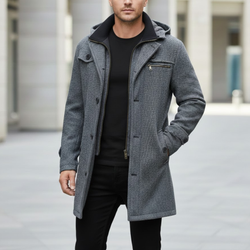 Men's Grey Wool Single-Breasted Hooded Business Winter Peacoat