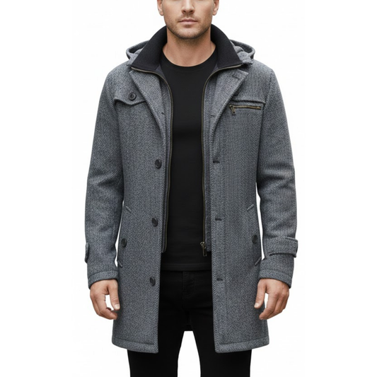 Men's Grey Wool Single-Breasted Hooded Business Winter Peacoat