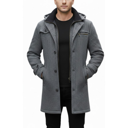 Men's Grey Wool Single-Breasted Hooded Business Winter Peacoat