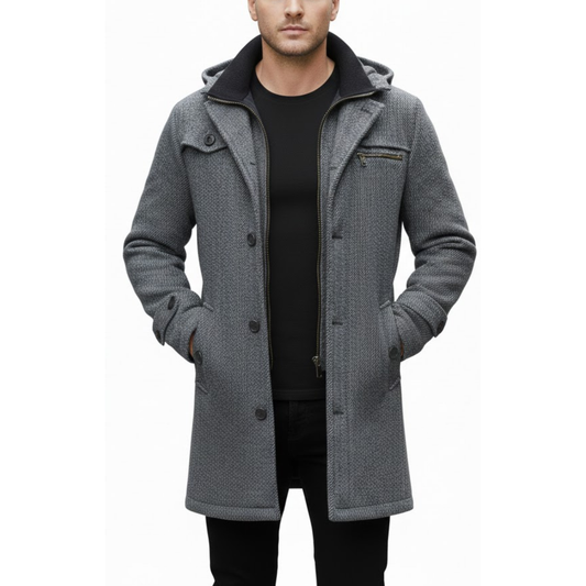 Men's Grey Wool Single-Breasted Hooded Business Winter Peacoat