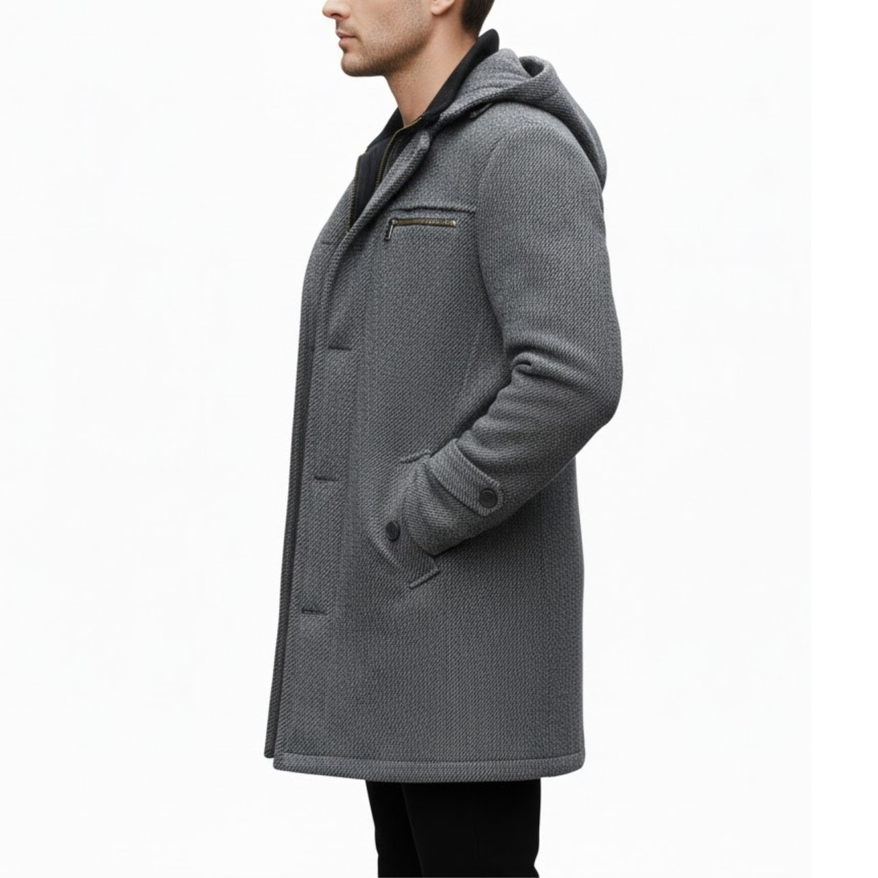 Men's Grey Wool Single-Breasted Hooded Business Winter Peacoat