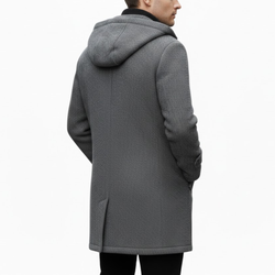 Men's Grey Wool Single-Breasted Hooded Business Winter Peacoat