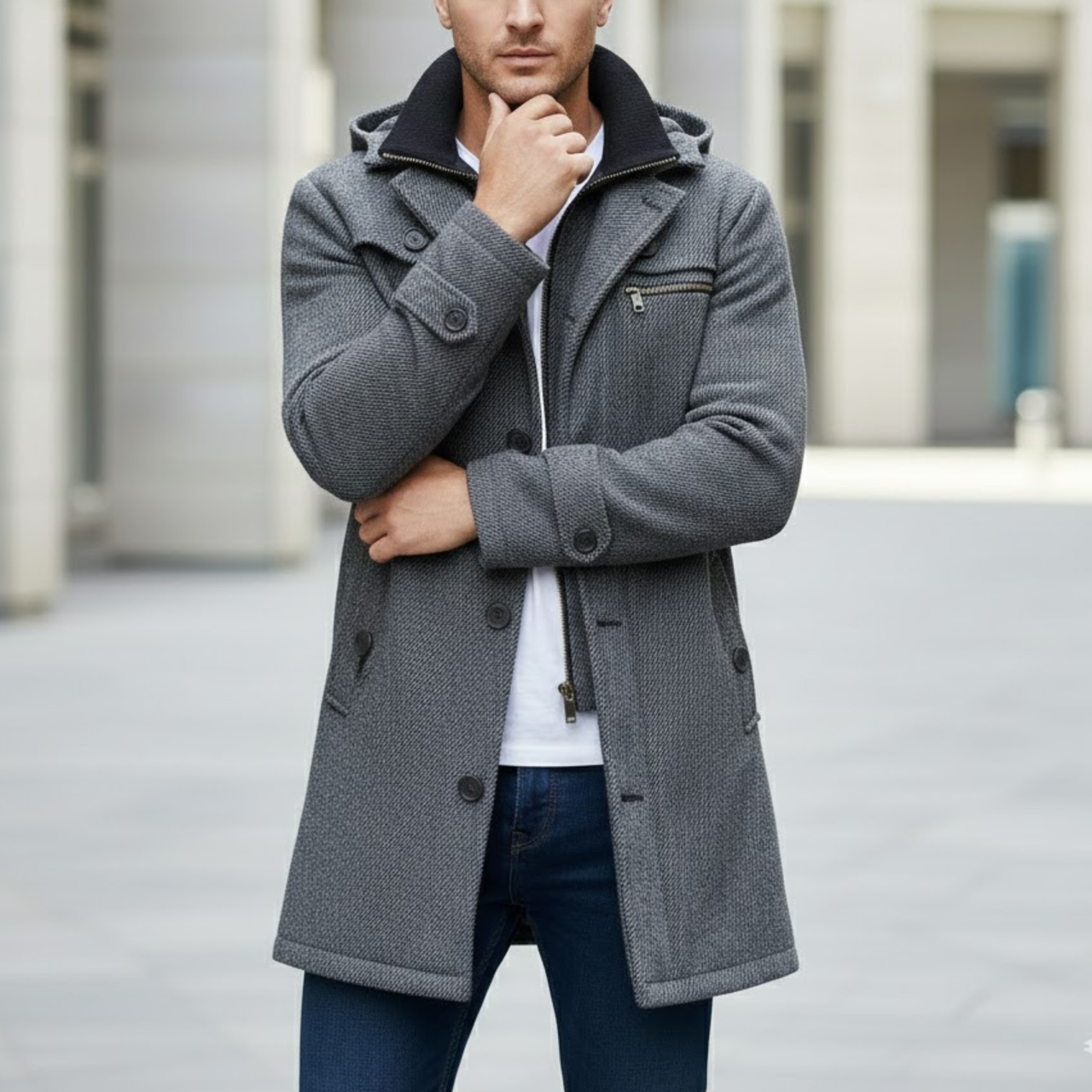 Men's Grey Wool Single-Breasted Hooded Business Winter Peacoat