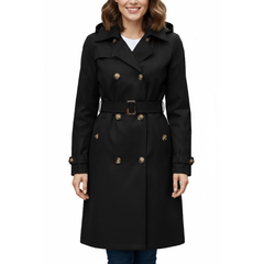 Women's Black Classic Double-Breasted Polyester Fabric Outerwaer Overcoat