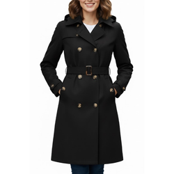 Women's Black Classic Double-Breasted Polyester Fabric Outerwaer Overcoat