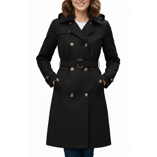 Women's Black Classic Double-Breasted Polyester Fabric Outerwaer Overcoat