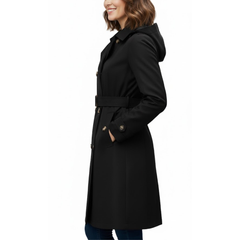 Women's Black Classic Double-Breasted Polyester Fabric Outerwaer Overcoat