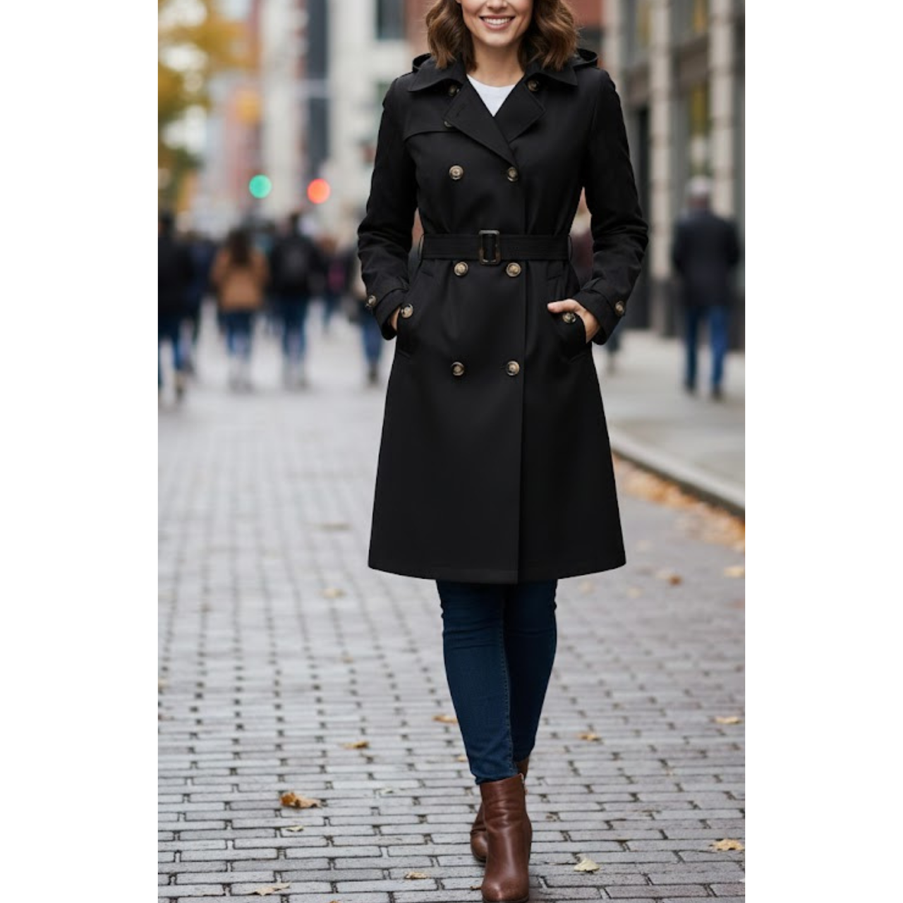 Women's Black Classic Double-Breasted Polyester Fabric Outerwaer Overcoat