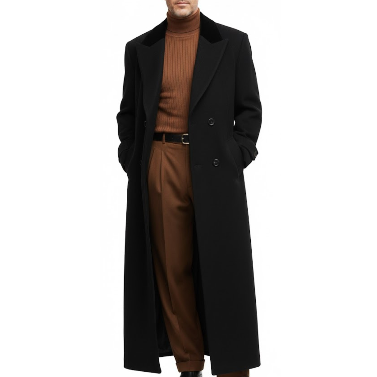 Men's Double-Breasted Black Polyester Classic Long Trench Coat