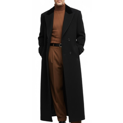 Men's Double-Breasted Black Polyester Classic Long Trench Coat