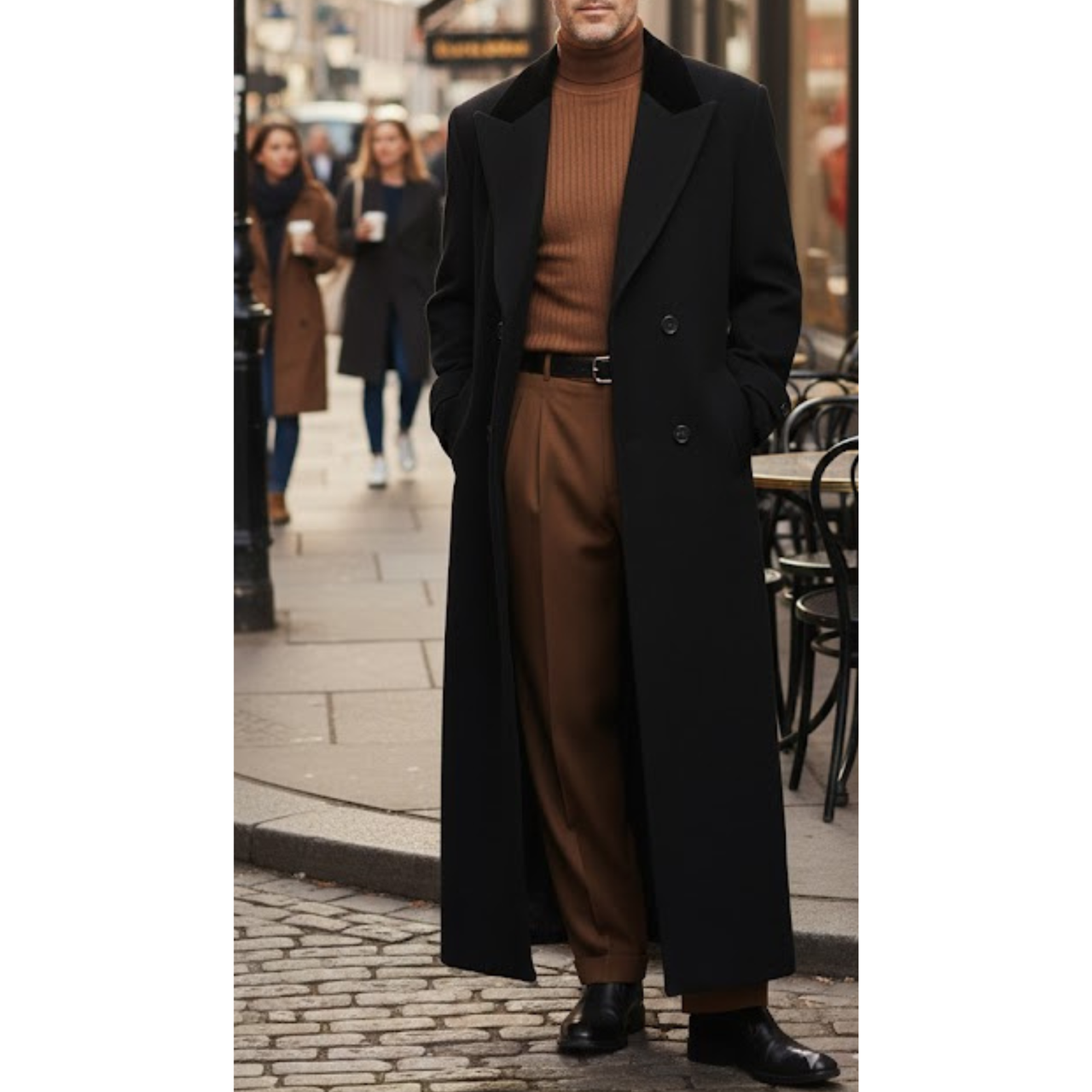 Men's Double-Breasted Black Polyester Classic Long Trench Coat